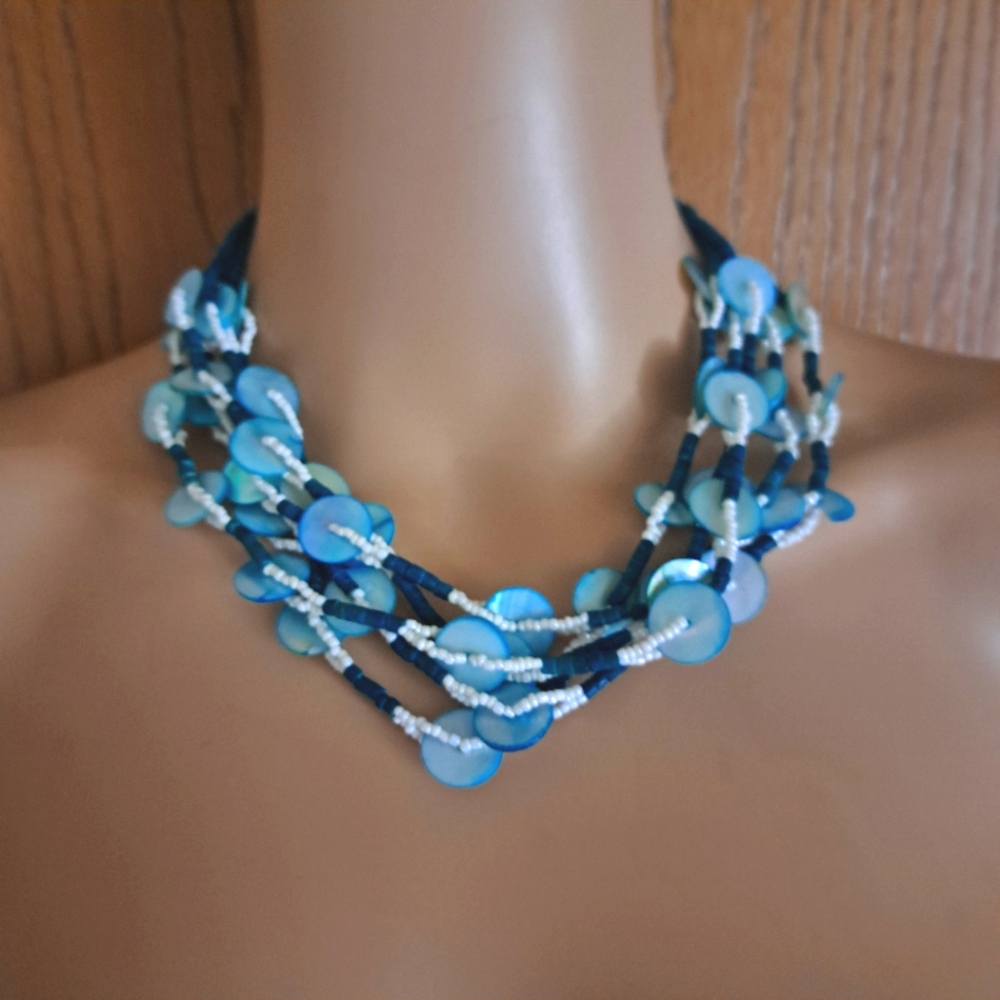 Vtg. 80's/90's Handmade Multistrand Mother of Pearl/Shell/Heishi Beaded Necklace